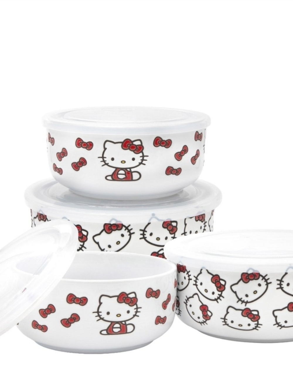 (6)Hello Kitty White Ceramic Bowls with Red Bows - Set